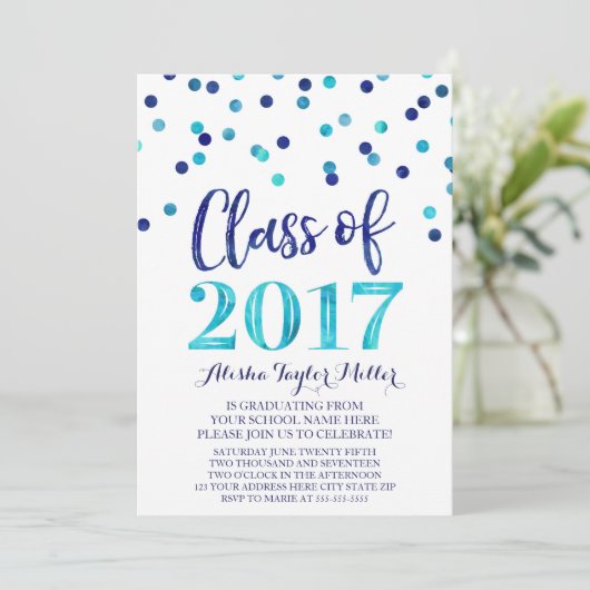 Blauwe Waterverf Confetti Graduation Party Kaart (Staand voorkant)