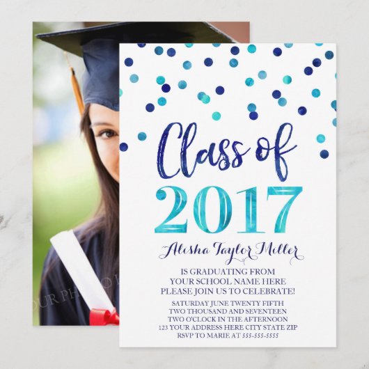 Blauwe Waterverf Confetti Graduation Party Kaart (Voorkant / Achterkant)