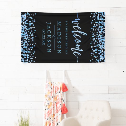 Blauwe Waterverf Confetti Stippen Bruiloft Welkom Spandoek (Insitu)