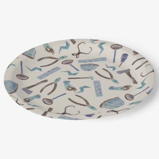 Blauwe Waterverf constructie gereedschappen Papieren Bordje (Gekanteld)