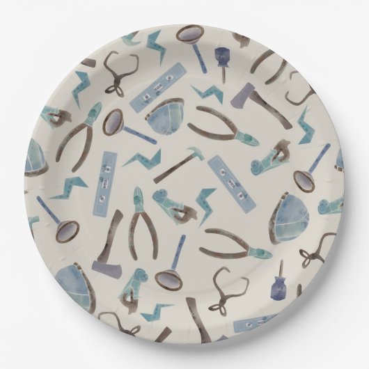 Blauwe Waterverf constructie gereedschappen Papieren Bordje (Voorkant)