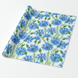Blauwe waterverf cornbloemen, wilde bloemen op wit cadeaupapier