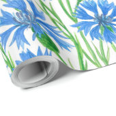 Blauwe waterverf cornbloemen, wilde bloemen op wit cadeaupapier (Rol Hoek)