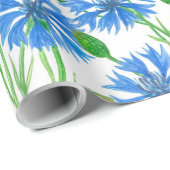 Blauwe waterverf cornbloemen, wilde bloemen op wit cadeaupapier (Rol Hoek)
