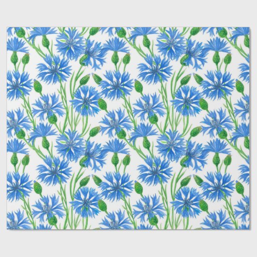 Blauwe waterverf cornbloemen, wilde bloemen op wit cadeaupapier (Vlak)