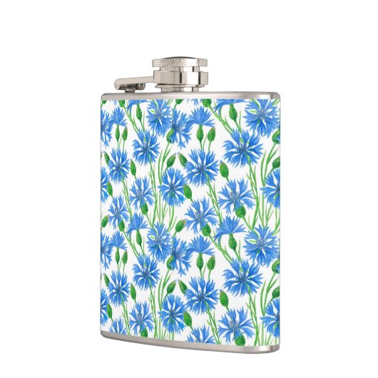 Blauwe waterverf cornbloemen, wilde bloemen op wit heupfles (Links)