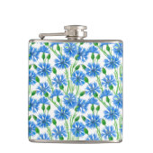 Blauwe waterverf cornbloemen, wilde bloemen op wit heupfles (Voorkant)