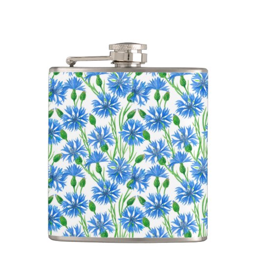 Blauwe waterverf cornbloemen, wilde bloemen op wit heupfles (Voorkant)
