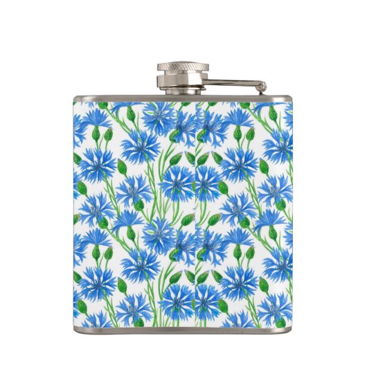 Blauwe waterverf cornbloemen, wilde bloemen op wit heupfles (Achterkant)