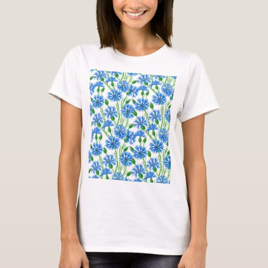 Blauwe waterverf cornbloemen, wilde bloemen op wit t-shirt (Voorkant)