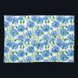 Blauwe waterverf cornbloemen, wilde bloemen op wit theedoek<br><div class="desc">Cornbloemen geschilderd met waterverven op papier dan patroon gedaan in Photoshop.</div>