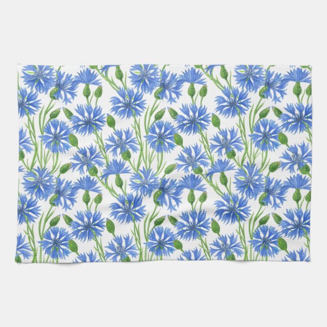 Blauwe waterverf cornbloemen, wilde bloemen op wit theedoek (Horizontaal)