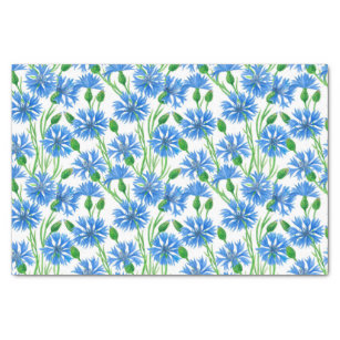 Blauwe waterverf cornbloemen, wilde bloemen op wit tissuepapier