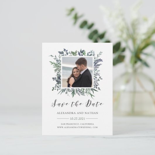 Blauwe Waterverf | De datum opslaan met foto Aankondigingskaart (Staand voorkant)