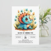 Blauwe Waterverf Dinosaurus Jongen Verjaardag Kaart (Staand voorkant)