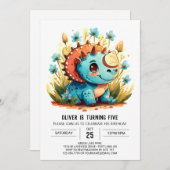 Blauwe Waterverf Dinosaurus Jongen Verjaardag Kaart (Voorkant / Achterkant)