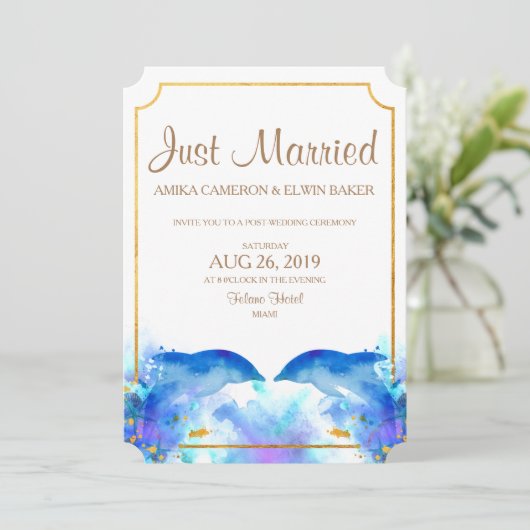 Blauwe Waterverf Dolfijn Bruiloft Aankondigingen K (Staand voorkant)