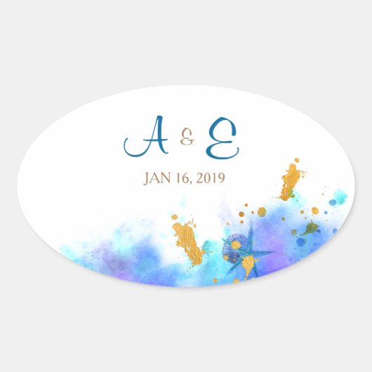Blauwe Waterverf Dolfijn Bruiloft Ovale Sticker (Voorkant)