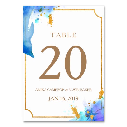 Blauwe Waterverf Dolfijn Bruiloft Tafel Kaart (Voorkant)