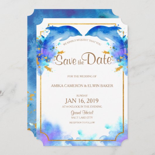 Blauwe Waterverf Dolfijn Sla de Datum Kaart op (Voorkant / Achterkant)