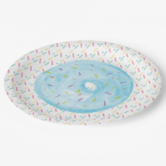 Blauwe Waterverf Donut en Sprinkles Papieren Bordje (Gekanteld)