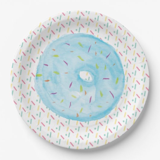 Blauwe Waterverf Donut en Sprinkles Papieren Bordje (Voorkant)