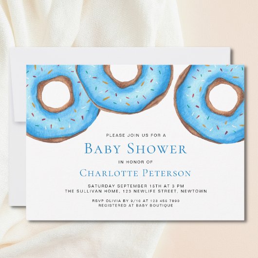 Blauwe Waterverf Donuts Sprinkles Boy's Baby showe Kaart