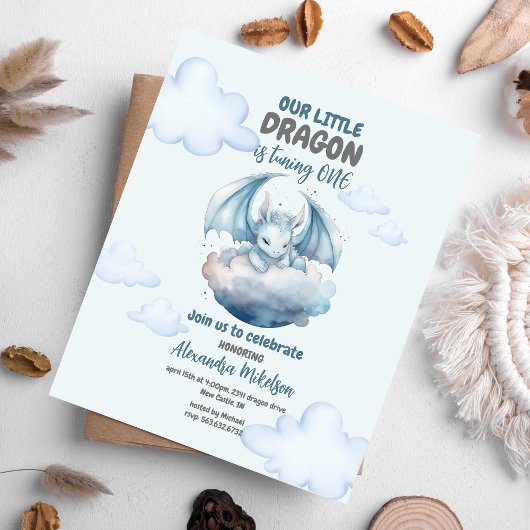 Blauwe Waterverf Dragon Baby 1e Verjaardag Kaart
