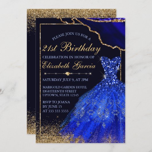 Blauwe Waterverf Dress & agate 21st Birthday Kaart (Voorkant / Achterkant)