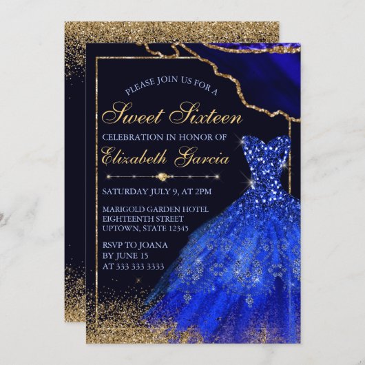 Blauwe Waterverf Dress & agate Sweet 16 Kaart (Voorkant / Achterkant)