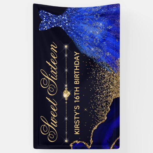 Blauwe Waterverf Dress & agate Sweet 16 Spandoek (Verticaal)