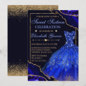 Blauwe Waterverf Dress & Glitter Agate Sweet 16 Kaart (Voorkant / Achterkant)