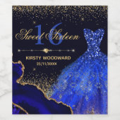 Blauwe Waterverf Dress & glitter agate Sweet 16 Wijn Etiket (Enkel label)