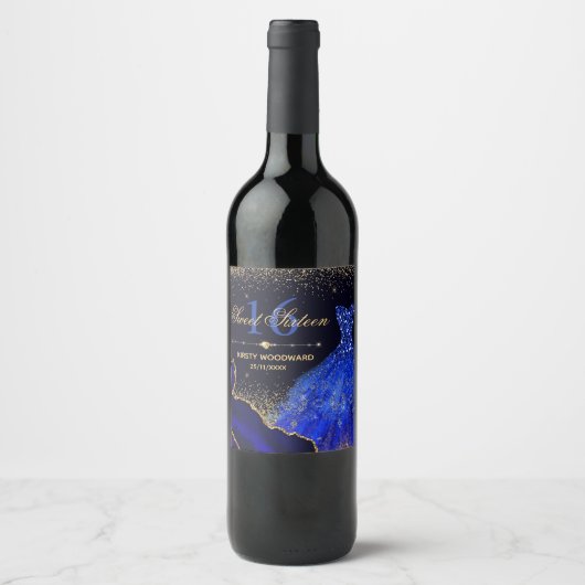 Blauwe Waterverf Dress & glitter agate Sweet 16 Wijn Etiket (Voorkant)