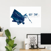 Blauwe Waterverf Duxbury MA-kaart met coördinaten Poster (Thuiskantoor)