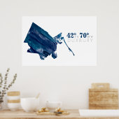 Blauwe Waterverf Duxbury MA-kaart met coördinaten Poster (Keuken)