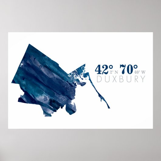 Blauwe Waterverf Duxbury MA-kaart met coördinaten Poster (Voorkant)