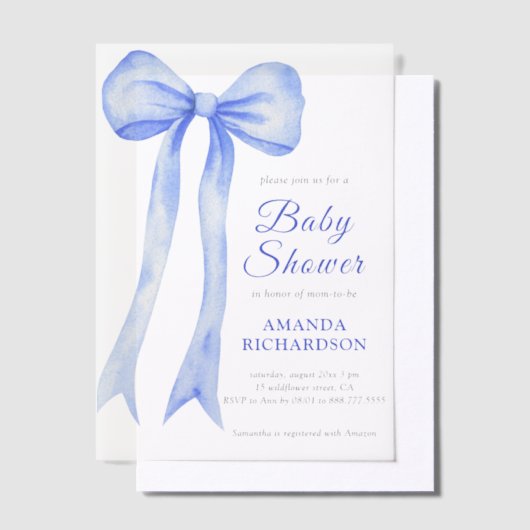 Blauwe Waterverf een Bow Boy Baby shower Vellum Uitnodigingen (Offset)