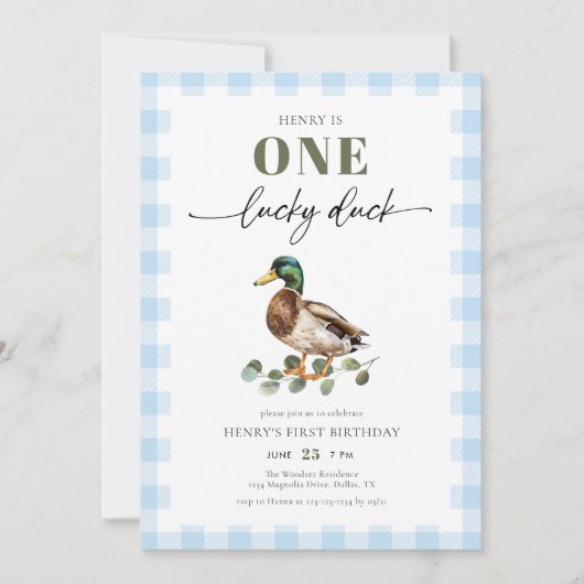 Blauwe Waterverf Een Lucky Duck Boy 1e Verjaardag Kaart (Voorkant)