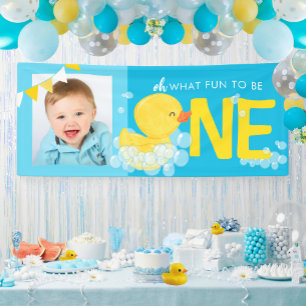 Blauwe Waterverf eend Oh wat leuk fotofeest Spandoek