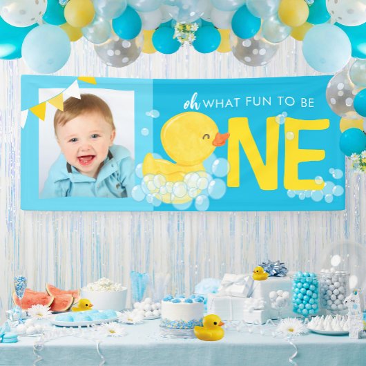 Blauwe Waterverf eend Oh wat leuk fotofeest Spandoek