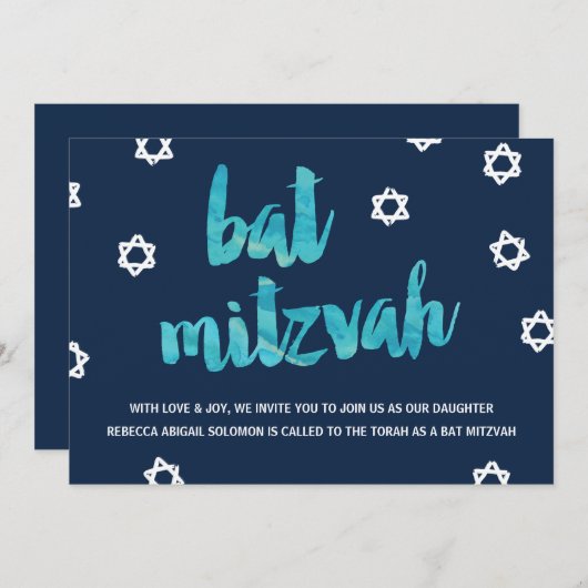 Blauwe Waterverf | Eenduidig BBT Mitzvah Kaart (Voorkant / Achterkant)