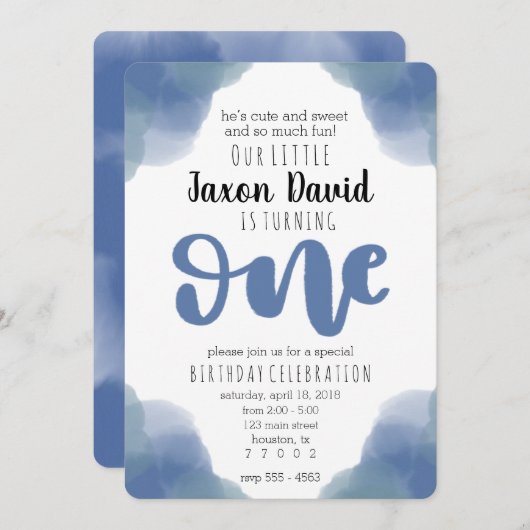 Blauwe Waterverf eerste uitnodiging (Voorkant / Achterkant)