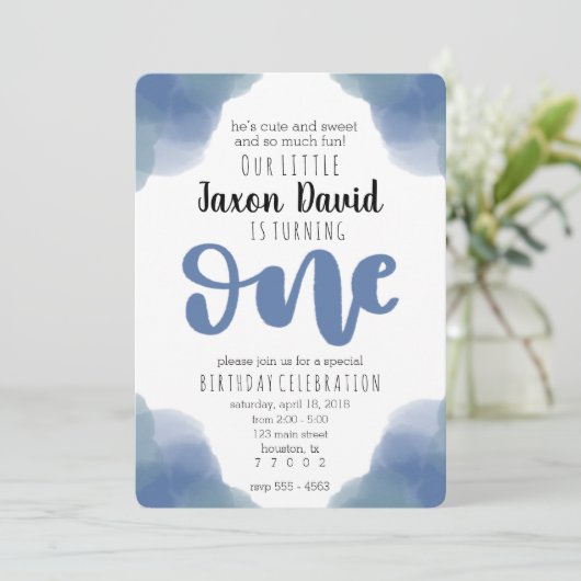 Blauwe Waterverf eerste uitnodiging (Staand voorkant)