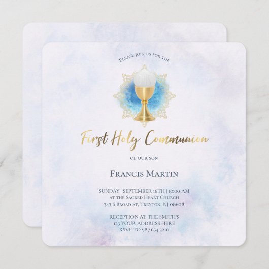 blauwe waterverf | eerste uitnodiging van de gemee (Voorkant / Achterkant)