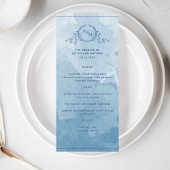 Blauwe Waterverf Elegant Monogram Trouwmenu Menu