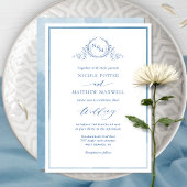 Blauwe Waterverf Elegant Monogram Wedding Invitati Kaart