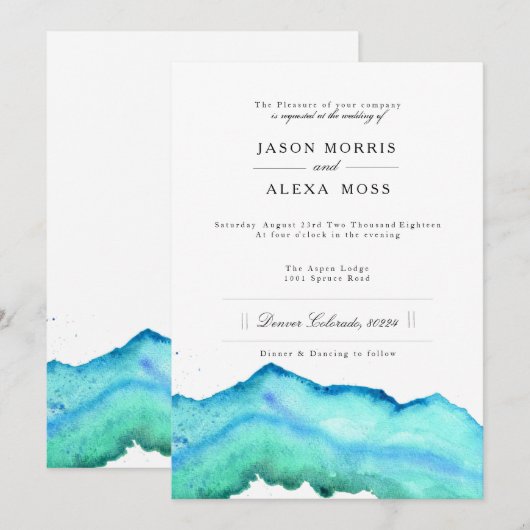 Blauwe Waterverf | Elegante bruiloft Kaart (Voorkant / Achterkant)