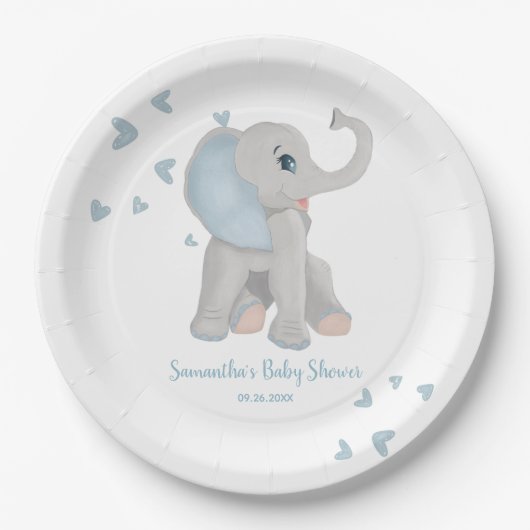 Blauwe Waterverf Elephant Boy Baby shower Papieren Bordje (Voorkant)