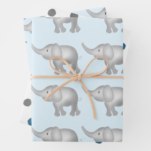 Blauwe Waterverf Elephants & Stippen Patroonset va Inpakpapier Vel (In situ)